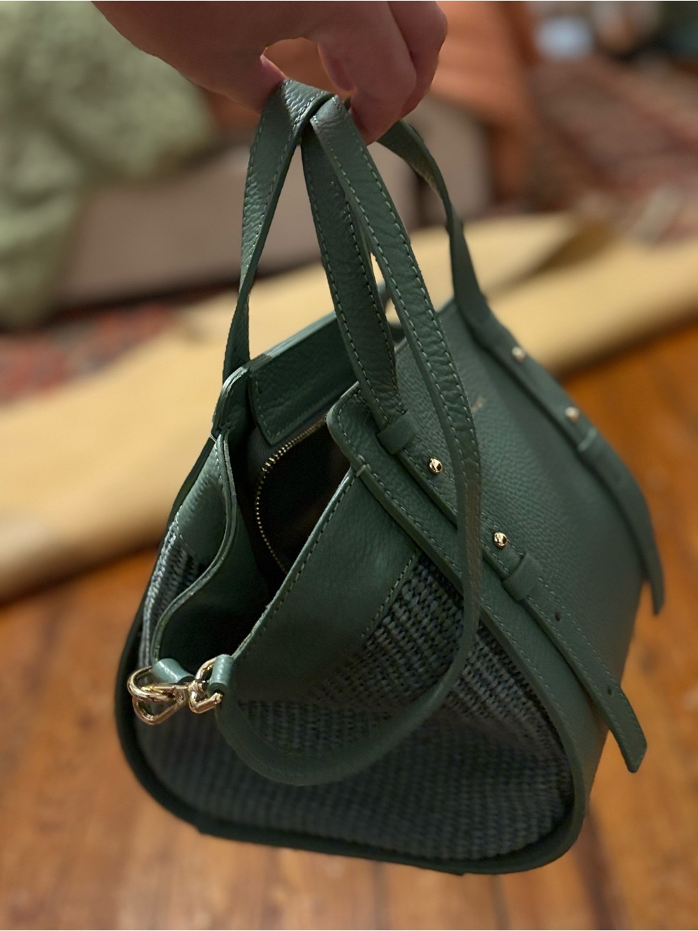 Structured Green Satchel with Gold Accents
